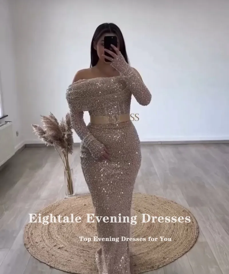 Eightale Luxury Evening Dresses Customized One Shoulder Long Sleeves Belt Champagne Sequined Mermaid Prom Gowns Robe De Soirée