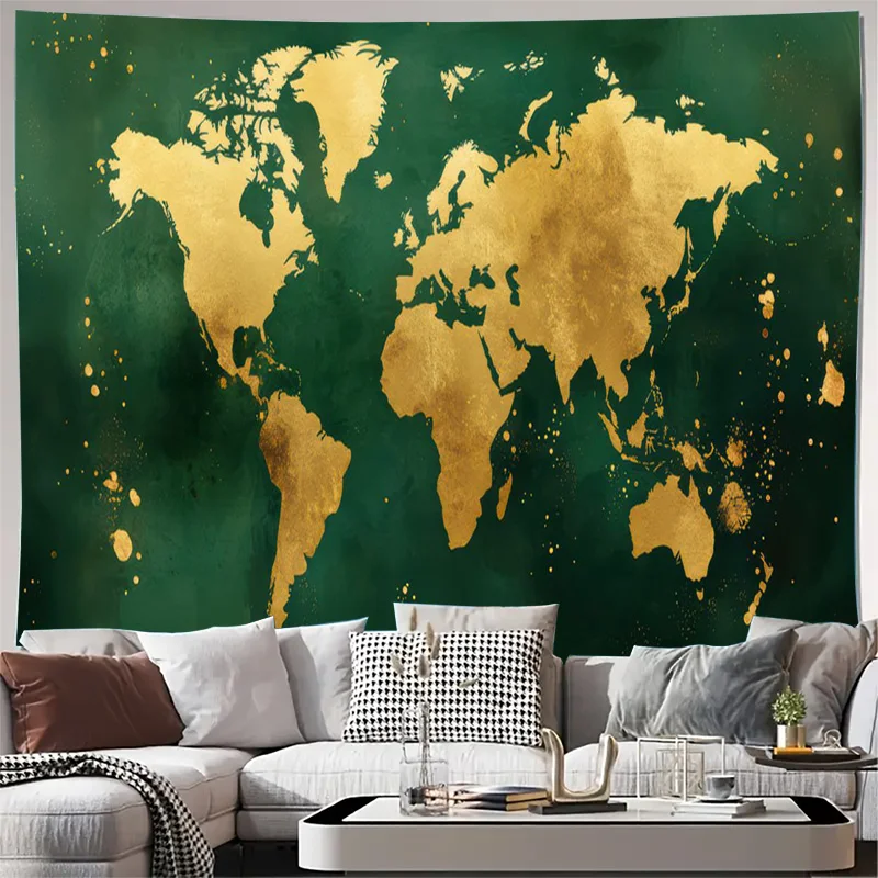 Tapisserie murale de luxe en or avec carte du monde, art abstrait bohème vert sur le thème de la géographie mondiale pour la décoration intérieure moderne