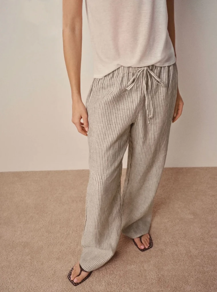 Ladies100% Linen Striped Long Trousers Drawstring Elastic Waist Straight Casual Wide Leg Pants