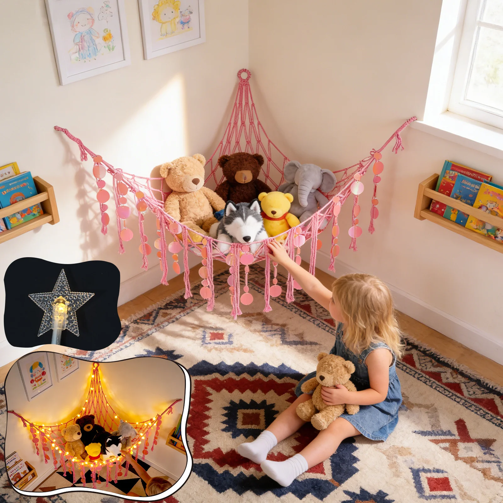 Stuffed Animals Hammock Net Large Capacity Plush Toy Storage Hammock with LED Light Kids Bedroom Decoration Corner Toy Organizer image 6