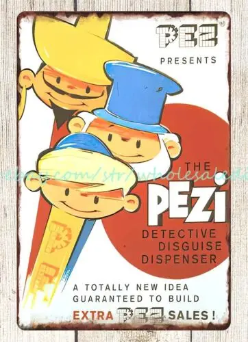 1960s Pezi PEZ dispenser childhood candy snack metal tin sign metal disc wall