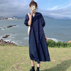 Fashion Lapel Button Shirring Bandage Puff Sleeve Casual Dress Female Clothing 2024 Summer New Loose Preppy Style Shirt Dress