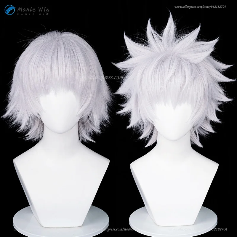 Anime Killua Zoldyck Peruca Cosplay, Curto, Prateado, Branco, Resistente ao Calor, Cabelo Sintético, Perucas de Festa, Boné, 30cm