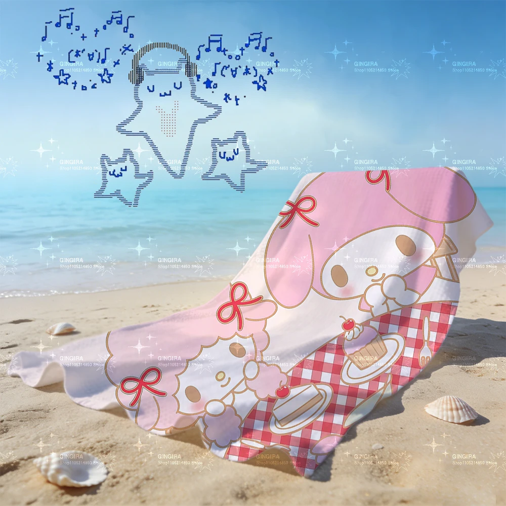 

Pink Sakura My Melody Beach Towel, Kawaii Cup & Cherry Blossom Print, Quick Dry Absorbent Bath Towel for Beach & Travel