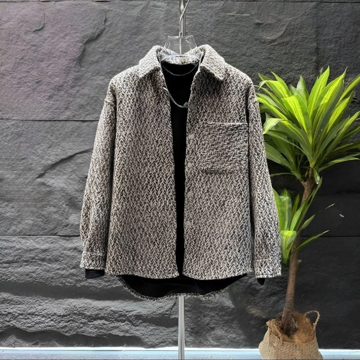 

Autumn Winter Cotton Filled Warmth Ethnic Pattern Jaet Men High End Faion Loose Sli Collar up Top Youth ular Polye...