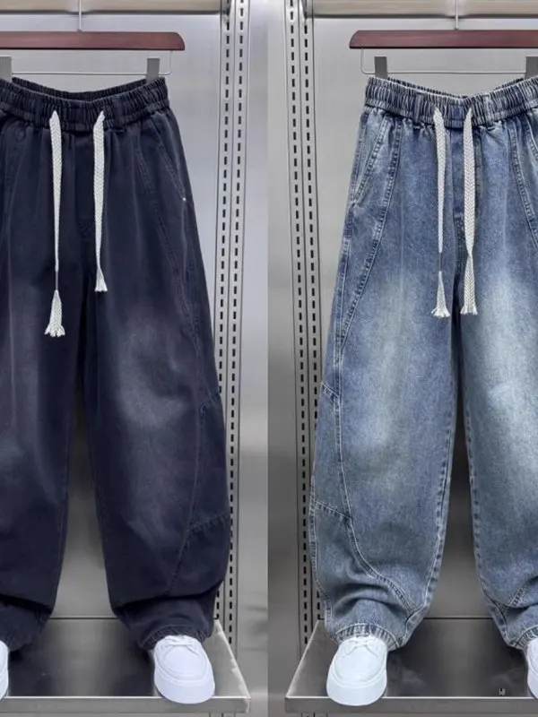 Duże Rozmiary 300 Pou Letnie Nowe Jeansy Vintage z Przeszyciami Męskie Damskie Modne Luźne Młodzieżowe Spodnie z Sznurkiem i Kieszeniami Casualowe Szerokie...