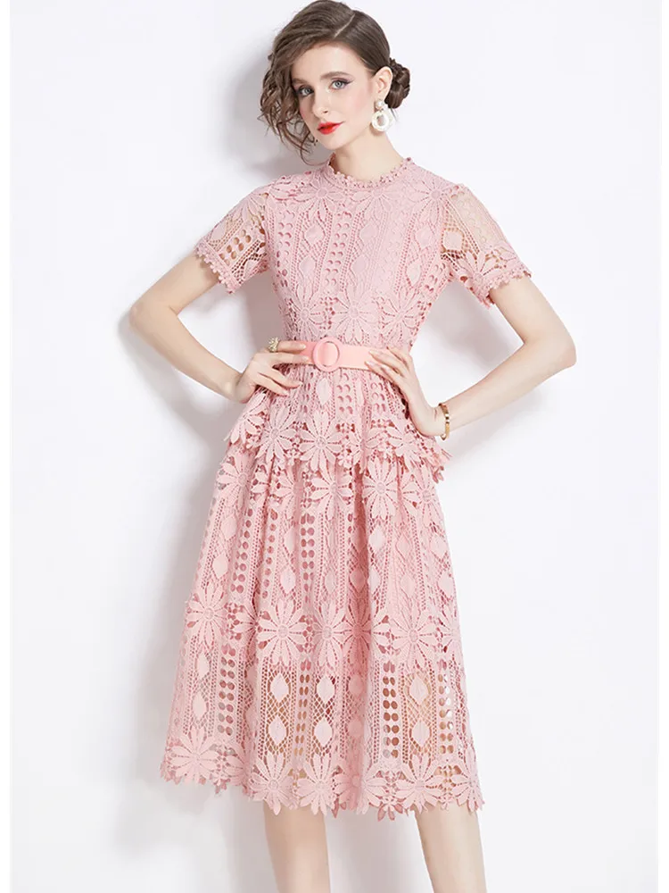 SMTHMA Summer Elegant Flower Lace Hollow Out  Runway Dresses For Women Short Sleeve Casual A Line Party Dresses Vestidos