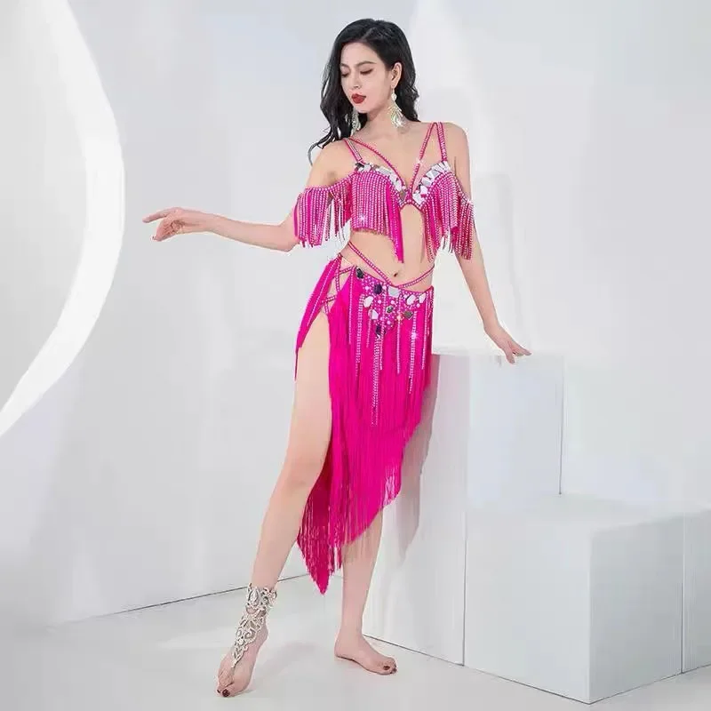 Opening Women Drum Solo Dance Competition Sexy Belly Dance Costume Oriental Dance Beaded Bra Irregular Fringes Long Skirt