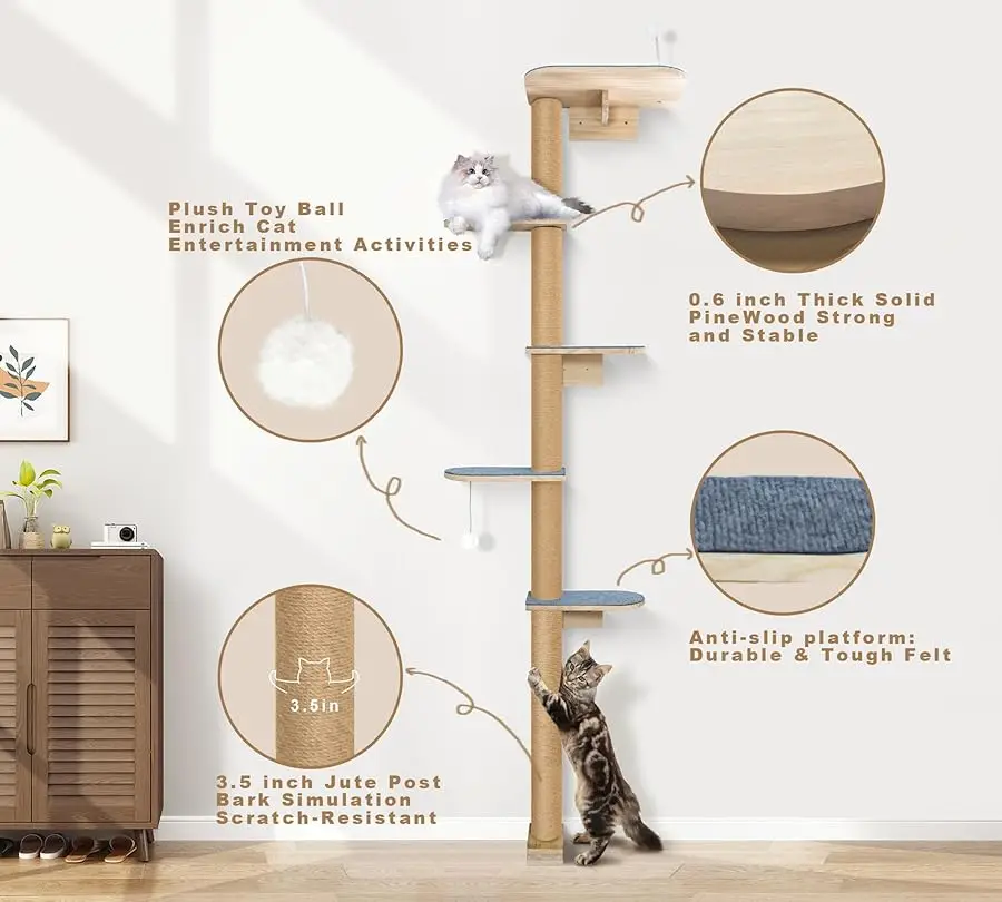 شجرة قطط من الأرض إلى السقف للقطط، أرفف حائط للقطط مثبتة على الحائط مكونة من 5 طبقات مع وسادات لباد رمادية، قطة محاكاة برية قابلة للتعديل