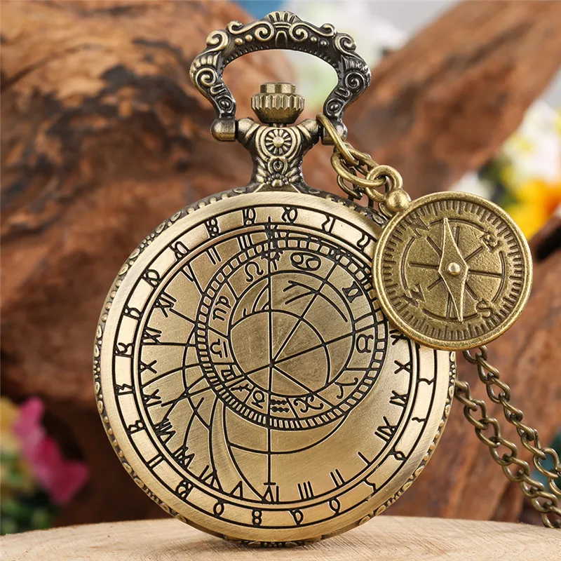 Vintage Holle Kompas Zakhorloge Bronzen Geometrie Astronomisch Ontwerp Quartz Klok Ketting Ketting Met Hanger Gadget