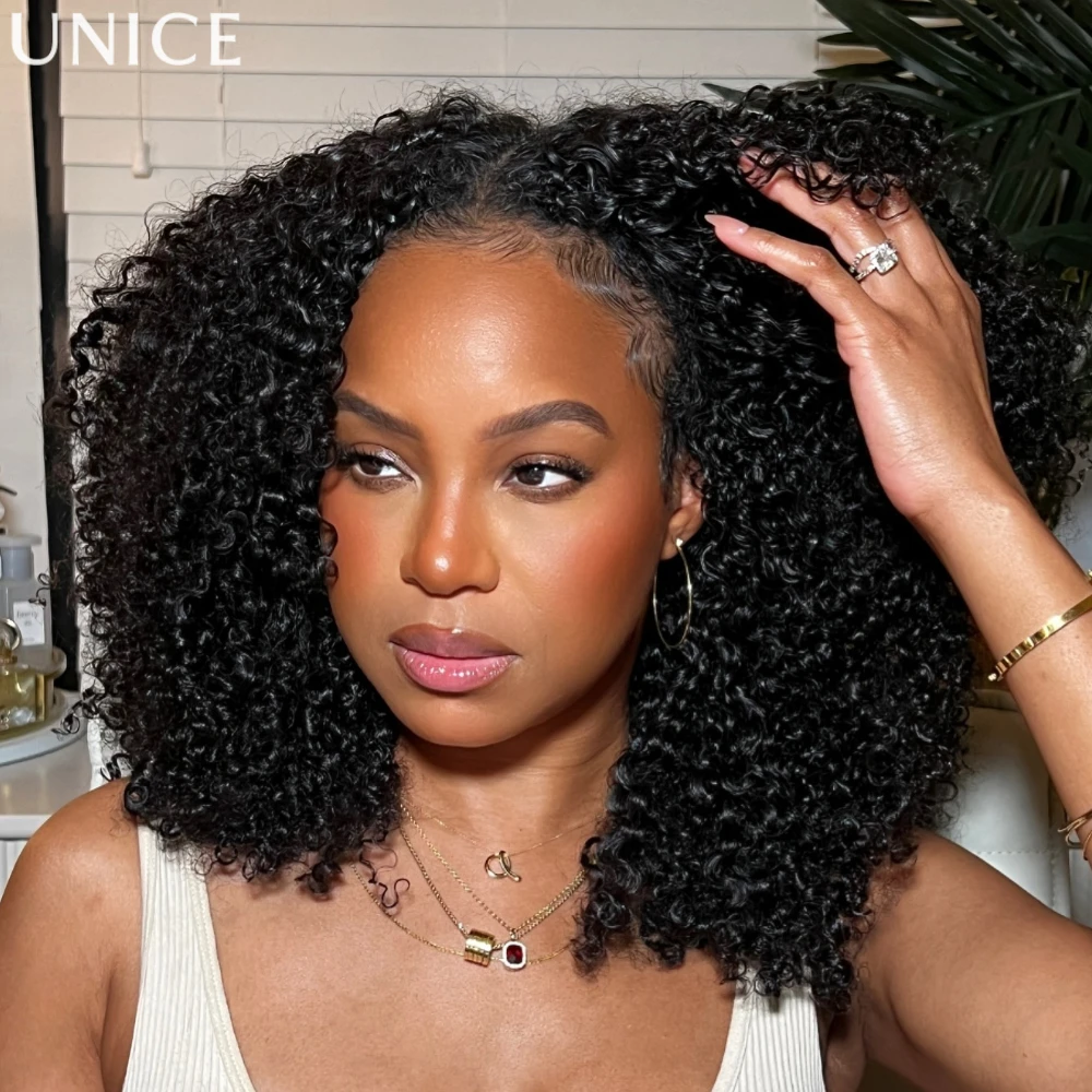 

UNice Afro Kinky Curly V Part Wigs No Leave Out V Shape 100% Human Hair Wig With Clips & Drawstring 180% Density