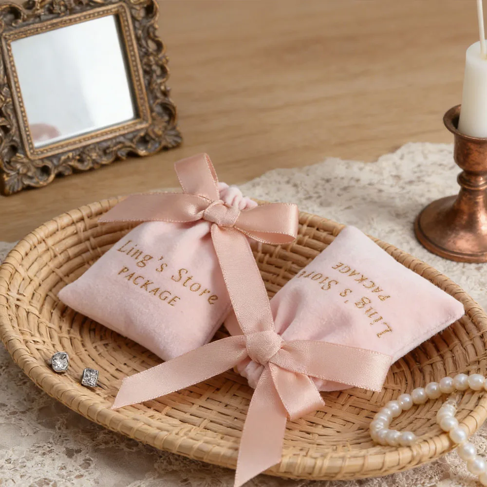 

50Pcs Custom Logo Lovely Pink Jewelry Velvet Bag Drawstring Ribbon Gift Packaging Pouch Ring Stud Earrings Organizer Box Storage