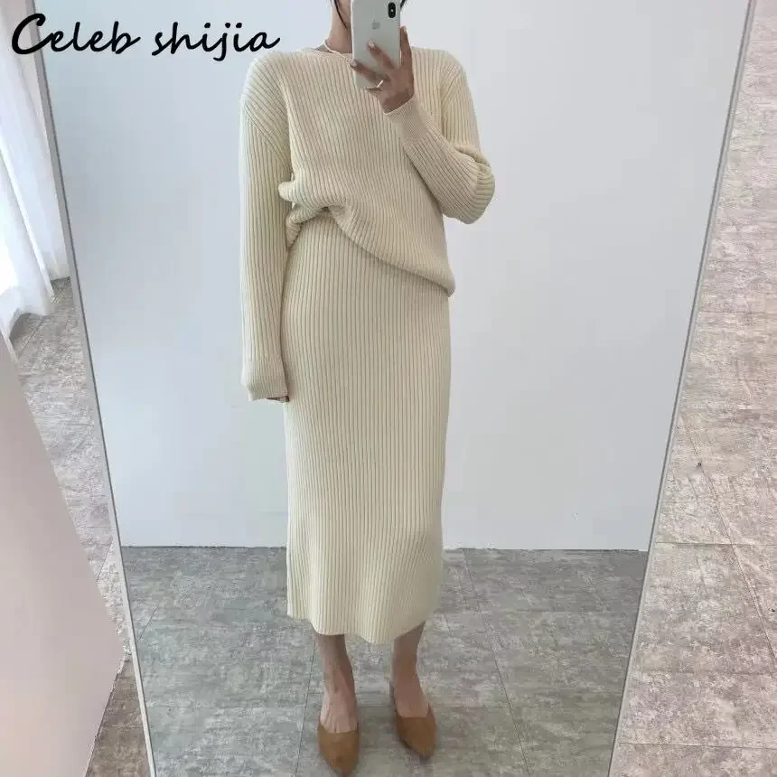 Winter Knit 2 Piece Sets Women O-neck Sweater + High Waist Skirts Autumn Oversized Vintage Runway Woolen Set Female Korean