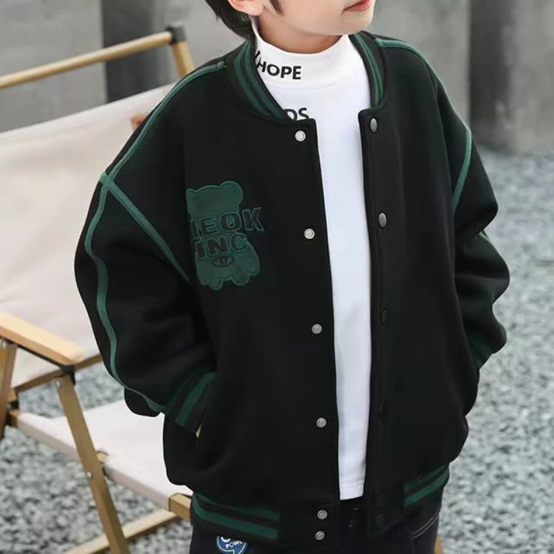 Boys' Fleece Lined Hooded Baseball Jacket 2025 Spring Fall Korean Style Hot Sale Youth Fashion Warm Coat for Boys