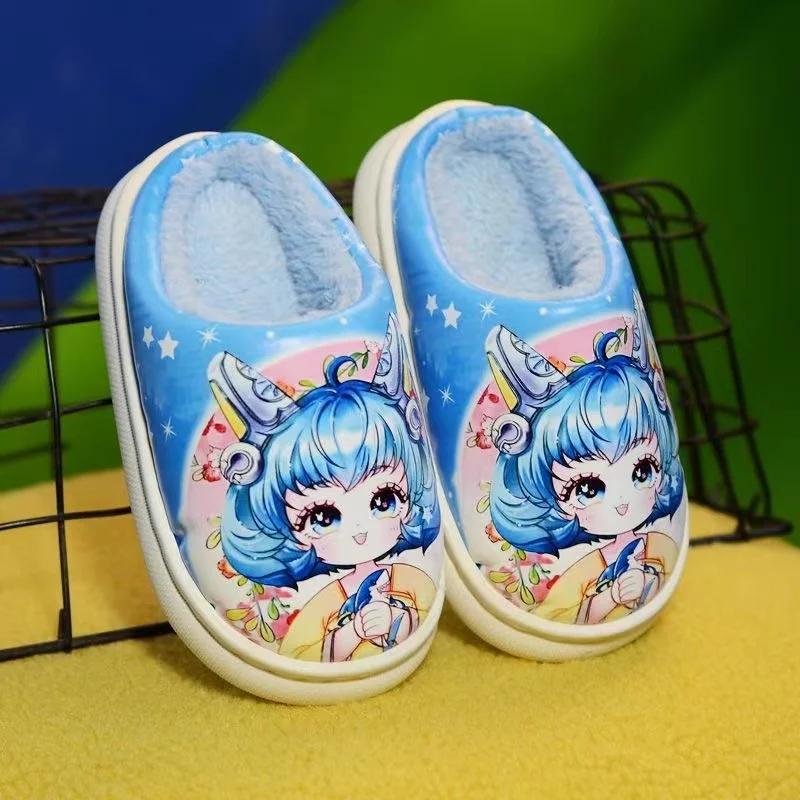 real photo Children's Cotton Slippers Pu waterproof Girls Winter Baby Cute Indoor Girls Kids Cartoon Princess Warm Home Shoes