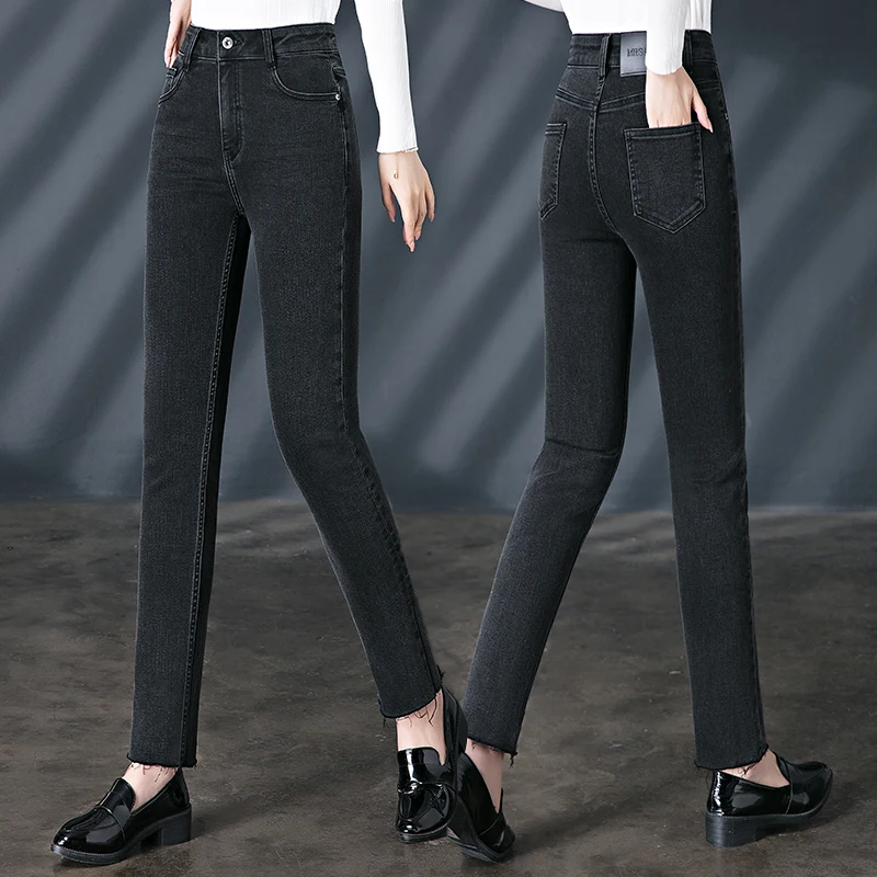 Korean Version Black Elastic Jeans for Women With High Waist 2024Spring New verSatile Slim fit Small Foot Pencil Pants Long Pant