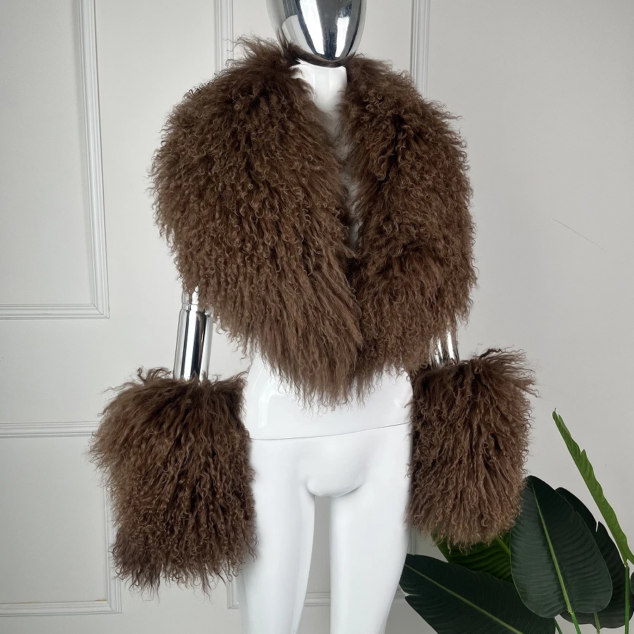 Genuine Sheep Fur Collar Cuffs For Coat Women Detachable Fur Accessories Natural Mongolian Fur Sleeves New Fashion Real Fur Trim
