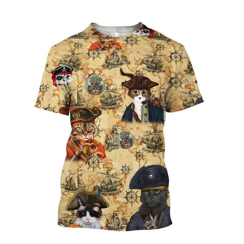 Funny Pirate Cat Printed T Shirt Men Cute Animal Pattern Short Sleeves O-neck T-shirt Camouflage Color Cats Fashion Tees Top