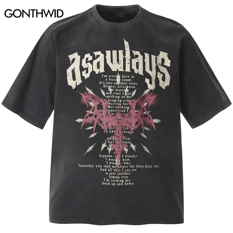 

Men Oversized Vintage Washed T-Shirt Dark Gothic Graphic Printed Streetwear Tshirt Hip Hop Punk Urban Fashion Cotton Washed Top