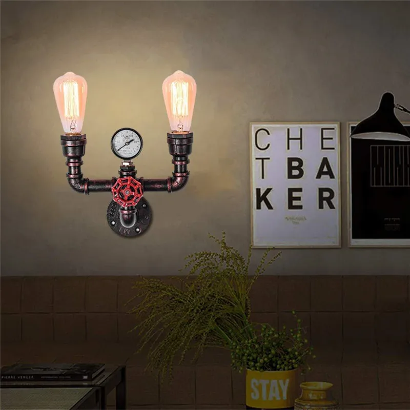 

Loft Industrial Water Pipe Wall Lamp Retro Metal Double Head Lights Fixture For Kitchen Bedroom Sconce Wall Light Home Lighting