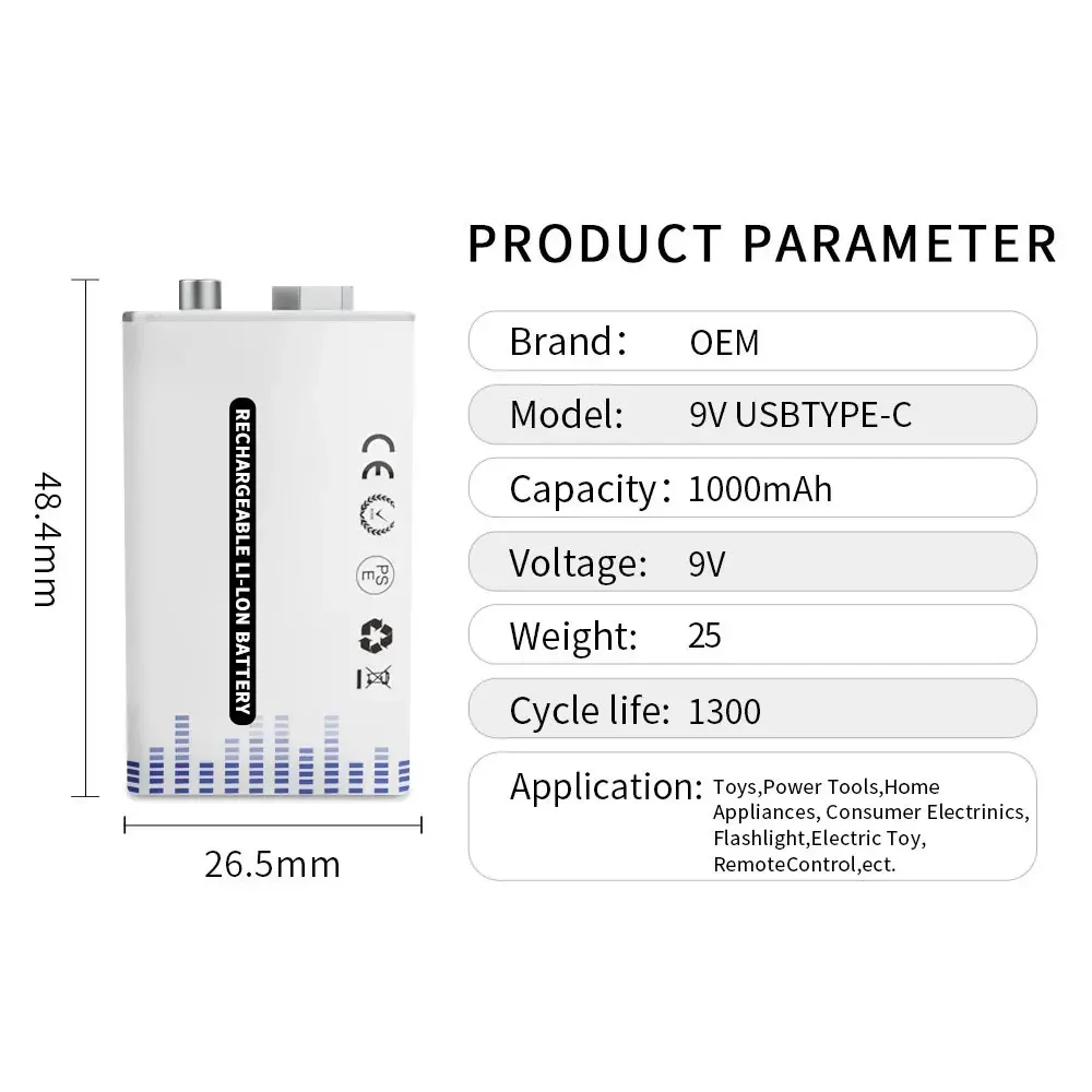 9V battery USB fast charge 6F22 rechargeable lithium battery 1000mAh or microphone multimeter toy remote control instrument