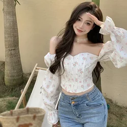 2024 New Sweet Slash Neck Sexy Off Shoulder Blusas Mujer Korean Puff Long Sleeve Corset Autumn Print Elegant Shirts