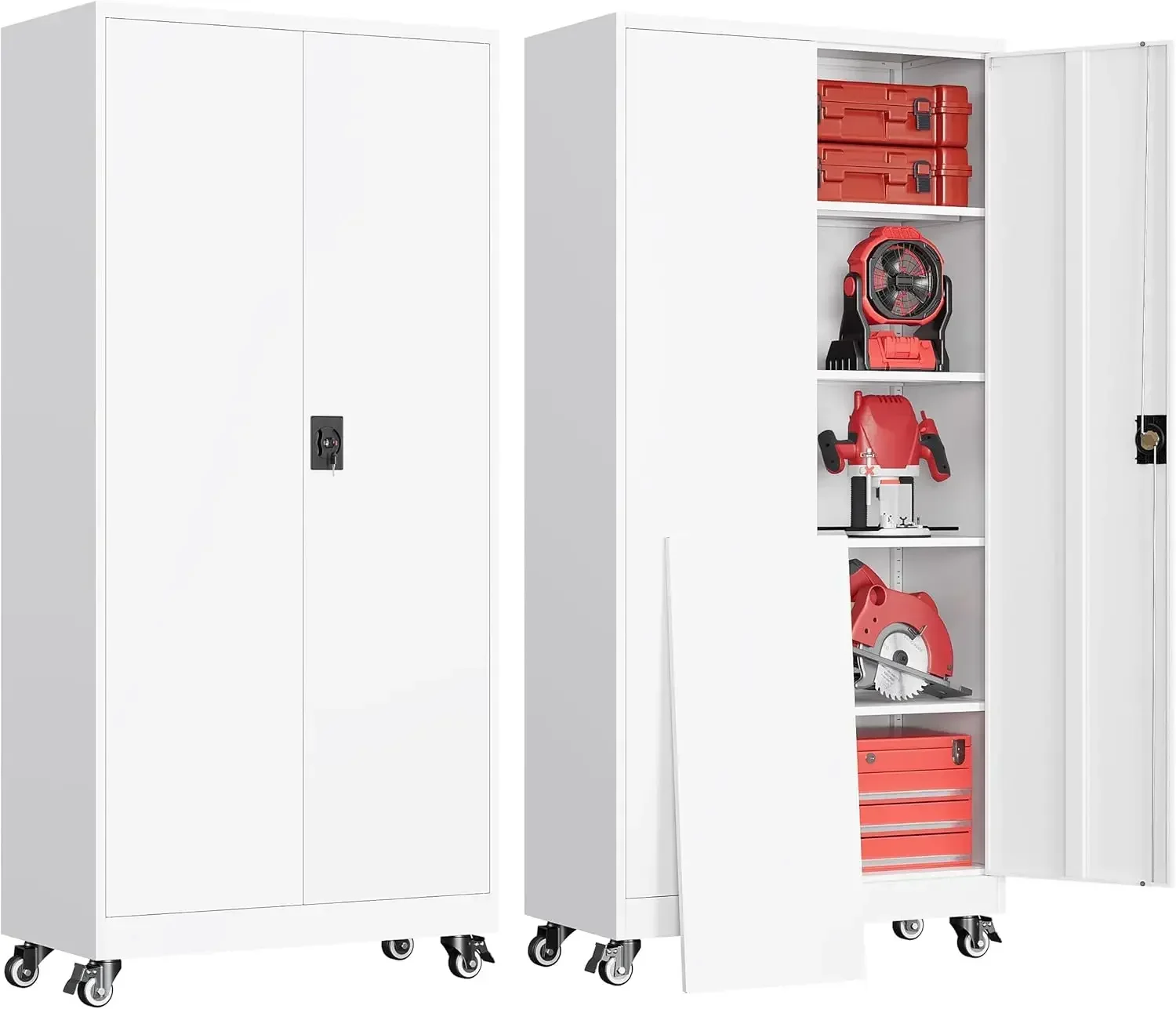 Garage Storage Cabinet with Doors and Shelves, Garage Cabinets with Wheels, Metal Lockable Storage Caninet,Tall Tool Cabnet on W