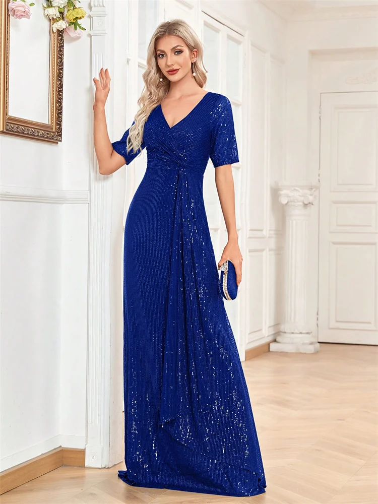 ชุดราตรีหรูหราแบบยาวถึงพื้น คอวี ปี 2025 สำหรับผู้หญิง ชุดเดรสยาวออกงานหรูหรา ประดับเลื่อม แขนสั้น ชุดราตรีงานพรอม งานเลี้ยงค็อกเทล
