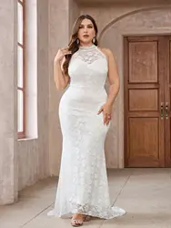 Plus Size Wedding Dresses Fashion Temperament Elegant White Lace Mesh Splicing Dress Sleeveless Backless Evening Party Dresses