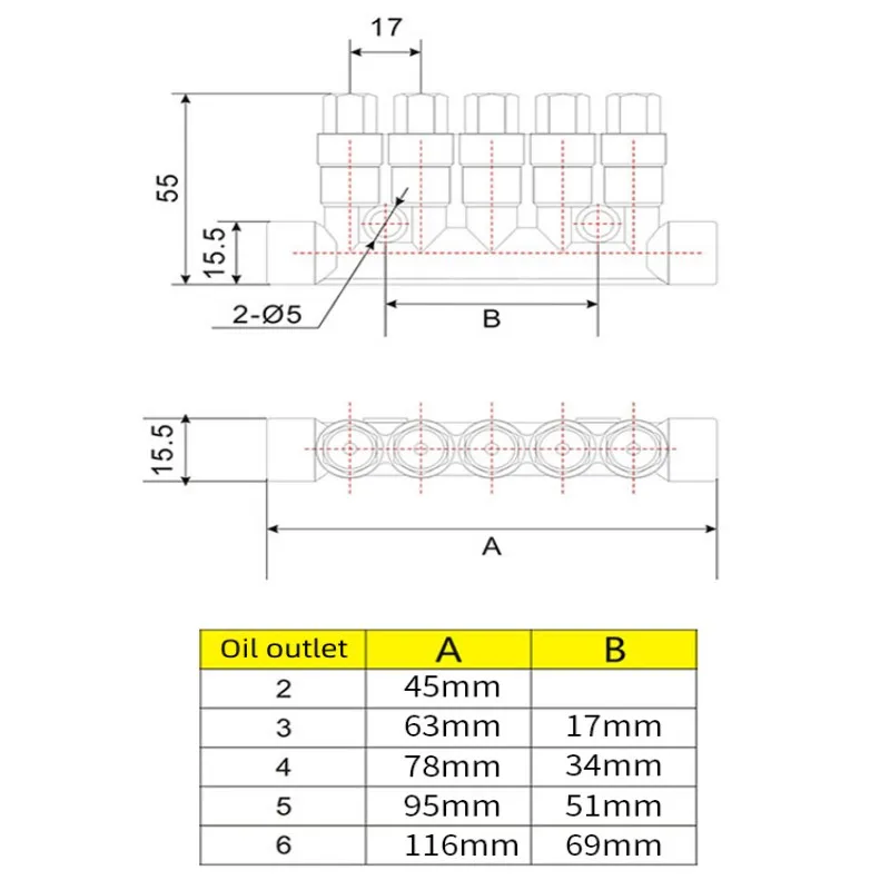 Positive displacement type oil distributor/adjustable oil distributor/oil drain lubrication fittings 2/3/4/5 position pipe