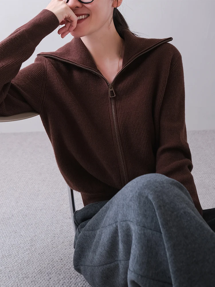 

Thiened High Collar Woolen Cardigan Women's Autumn Winter Knitted Sweater Outerwear Soft Ci Su Xiaotang Zipper Closure