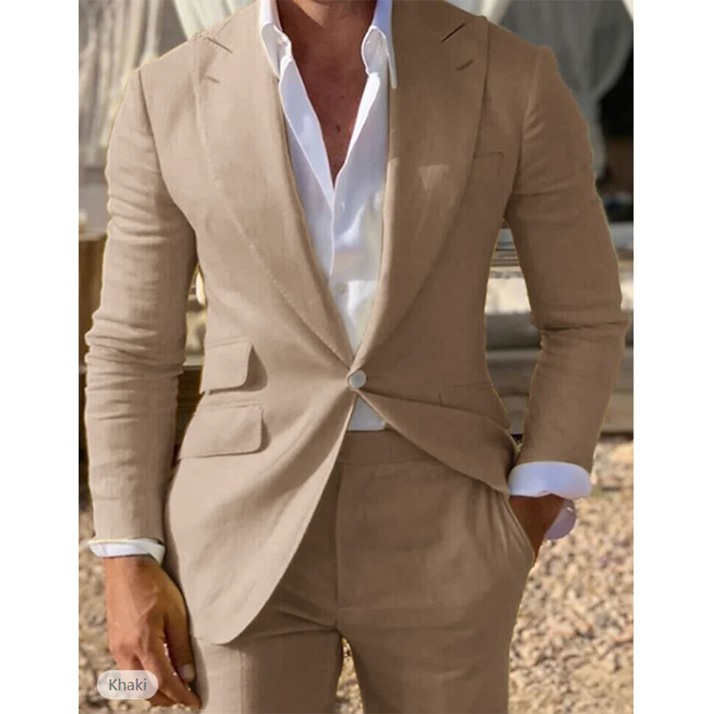 

Linen Men's Casual Suits Male Blazer Pants 2Pcs Slim Fit Khaki Beach Wedding Suits Best Men Groom Tuxedos Trajes De Hombre