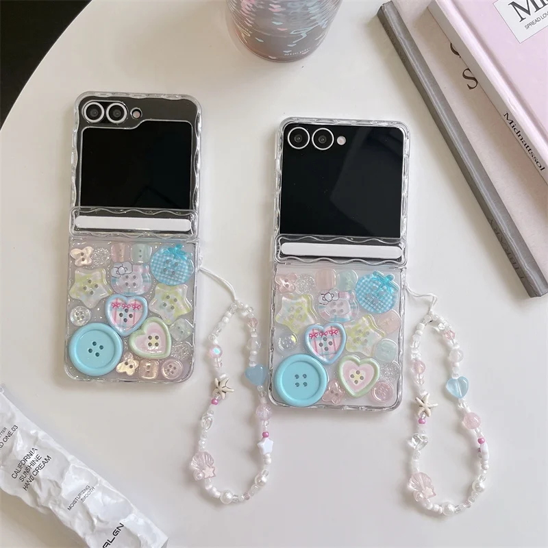 

Clear Cute Button Bead Wrist Strap phone case For Samsung Galaxy Z Flip 3 4 5 6 7 Shockproof Pearl Lanyard Soft Cover Girls Gift