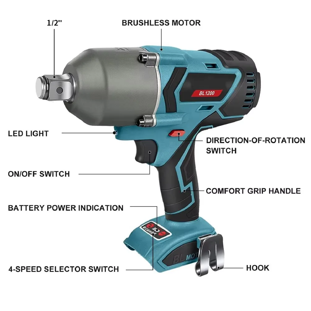 BL1200 18V Brushless Electric Impact Wrench 1200 N.M Cordless Socket Wrench High Torque 1/2 Power Tool for Makita Accessories