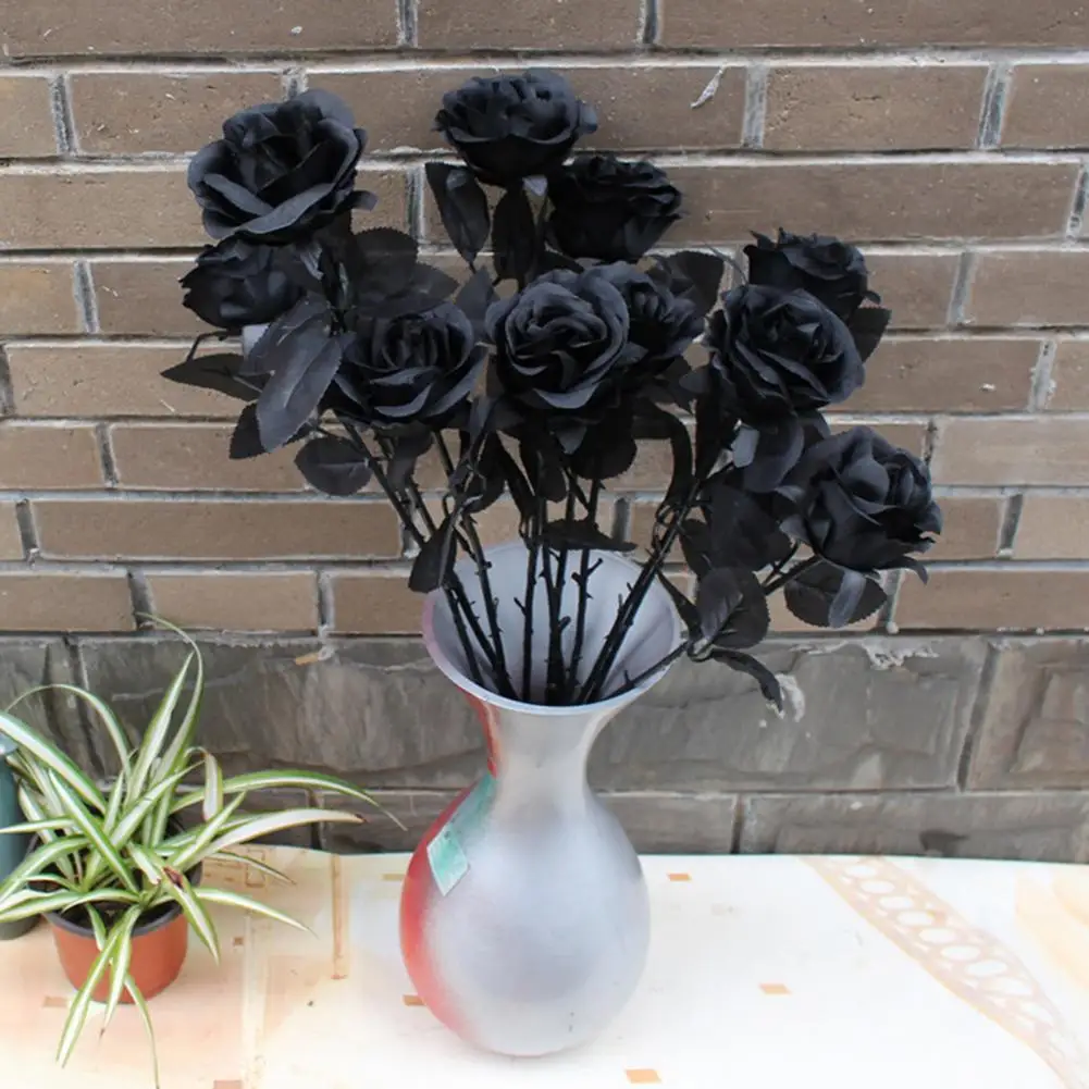 

1Pc Fake Rose Smooth Surface Fake Flower Gothic Style Black Red Simulation Rose Flower Wedding Arch Silk Flower Home Decoration