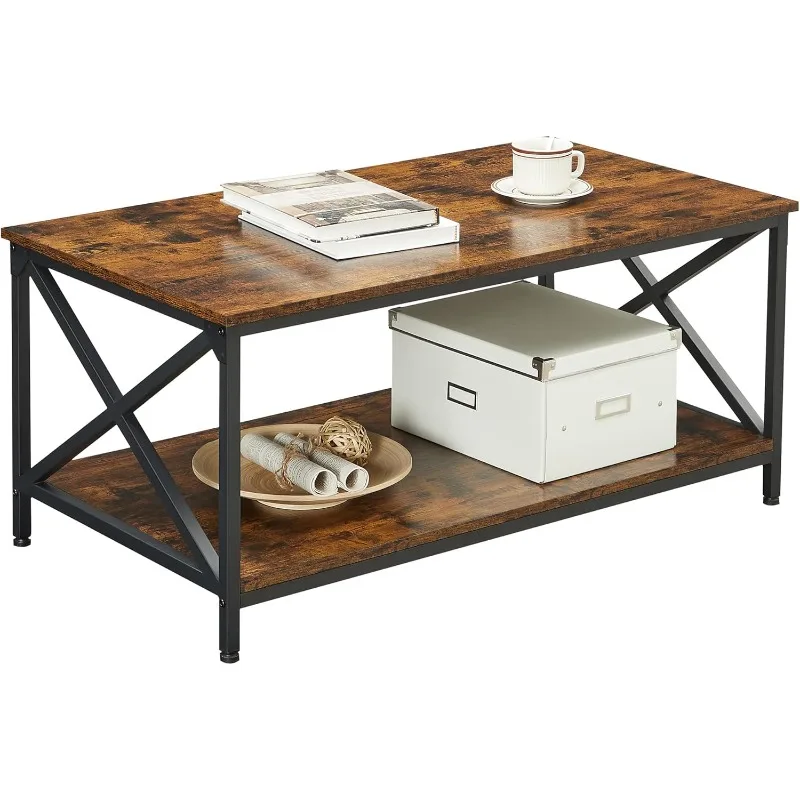 Cocktail Table with Storage Shelf and X-Shape Steel Frame, Industrial Farmhouse Style, 39.4 x 21.7 x 17.7 Inches, Rustic Brown