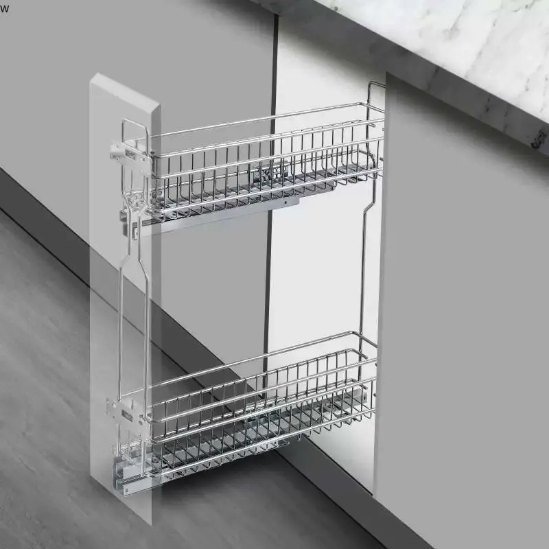 

Чрезвычайно узкая двухслойная корзина для кухонного ящика, амортизирующая демпфирующая стойка для хранения, боковая корзина с амортизацией