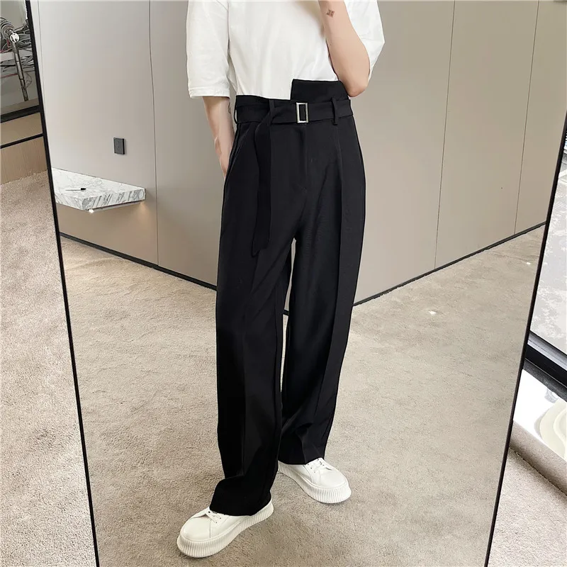 

Casual Wide Leg Pants Men's Autumn mat Irregular Belt Design Sensation Leisure Suit Pants Hair St Pants