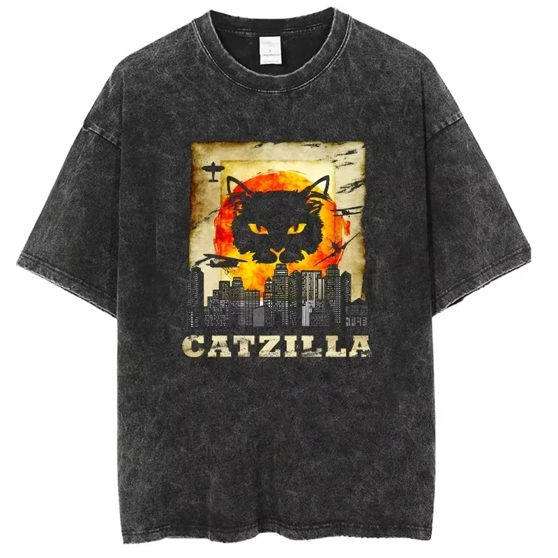 الرجال الملابس الوحش القط مواء الغريبة خمر غسلها قصيرة الأكمام تي شيرت النمط الأمريكي القطن فضفاضة تناسب للجنسين تي شيرت الموضة