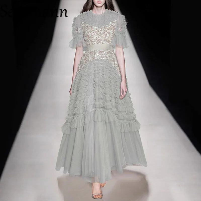 Seifrmann 봄과 여름 새로운 스타일 여성 드레스 스팽글 패션 페르시 짧은 소매 빈티지 우아한 파티 드레스