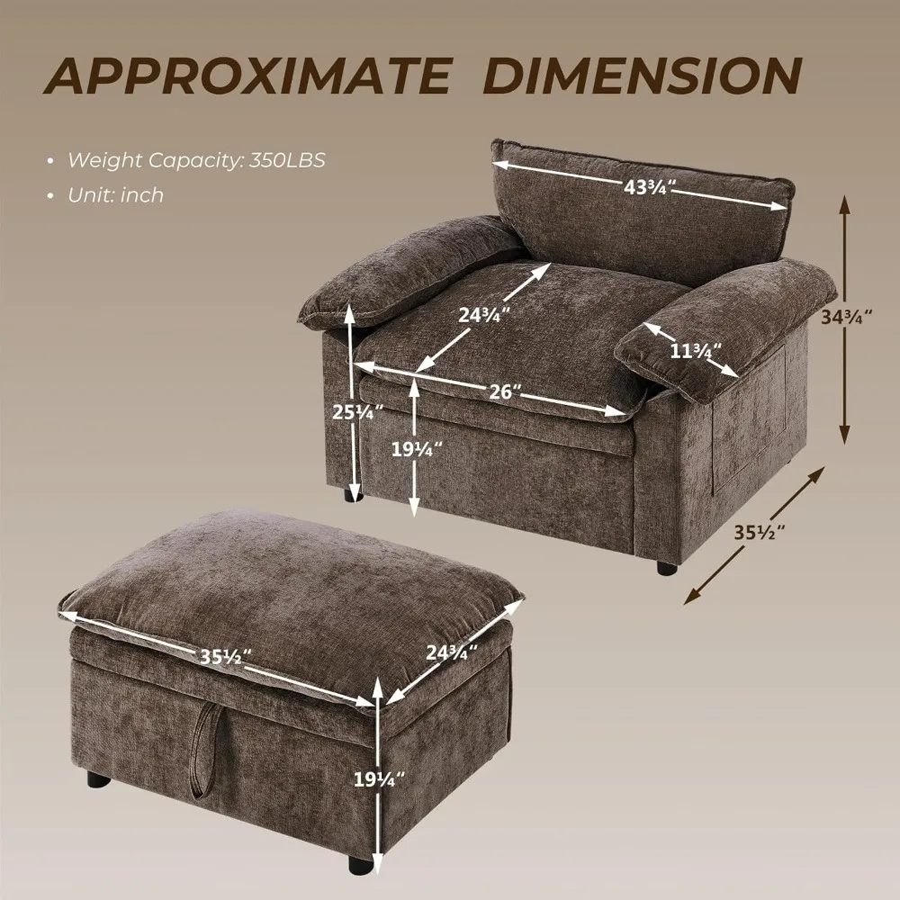 Oversized Accent Chair with Storage Ottoman, Super Plush Cloud Chair with Chunky Cushion, Comfy Chenille Chaise, Customized