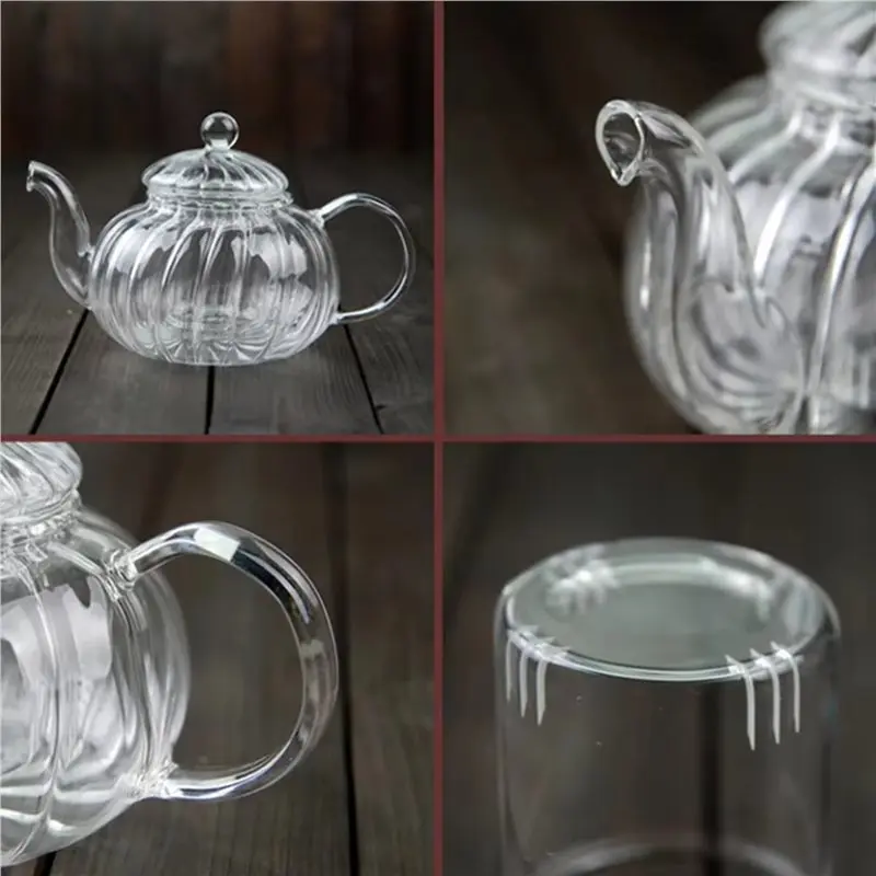 Hot Selling-4X Glass Pot Striped Pumpkin Shape Flower Teapot Glass Teapot With Infuser Tea Leaf Flower Teacup,4X Glass Pot