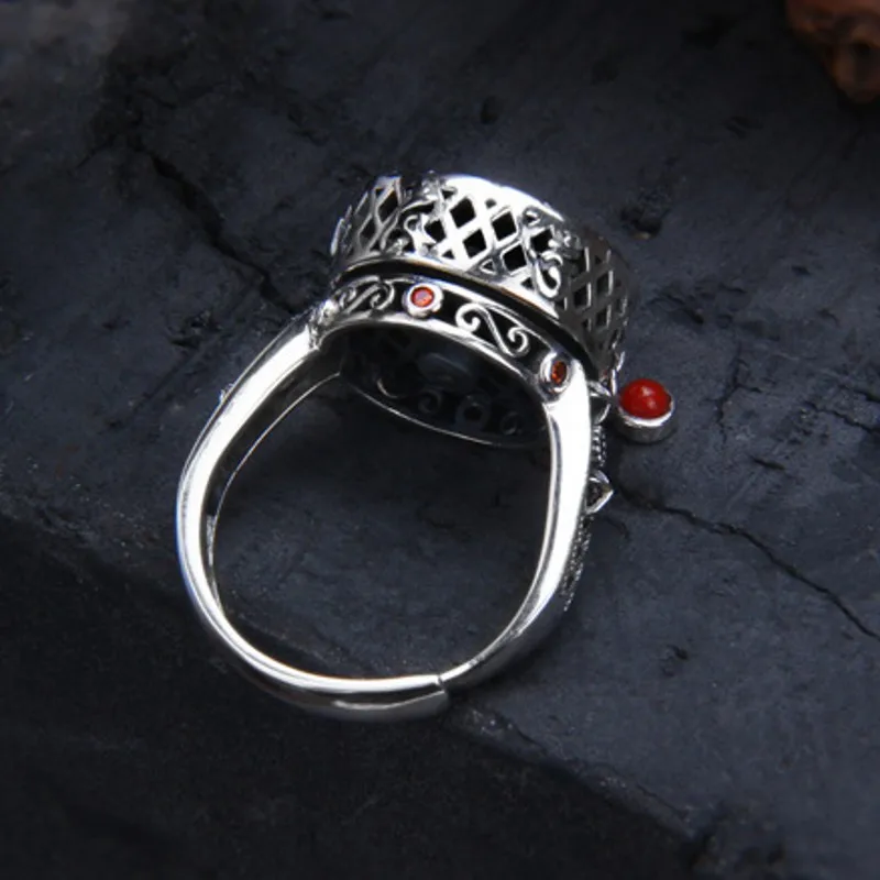 BOCAI S925 Silver Jewelry Inlaid With Red Agate in The Shape of an Incense Burner Retro Spinning Cylinder Ring for Men and Women