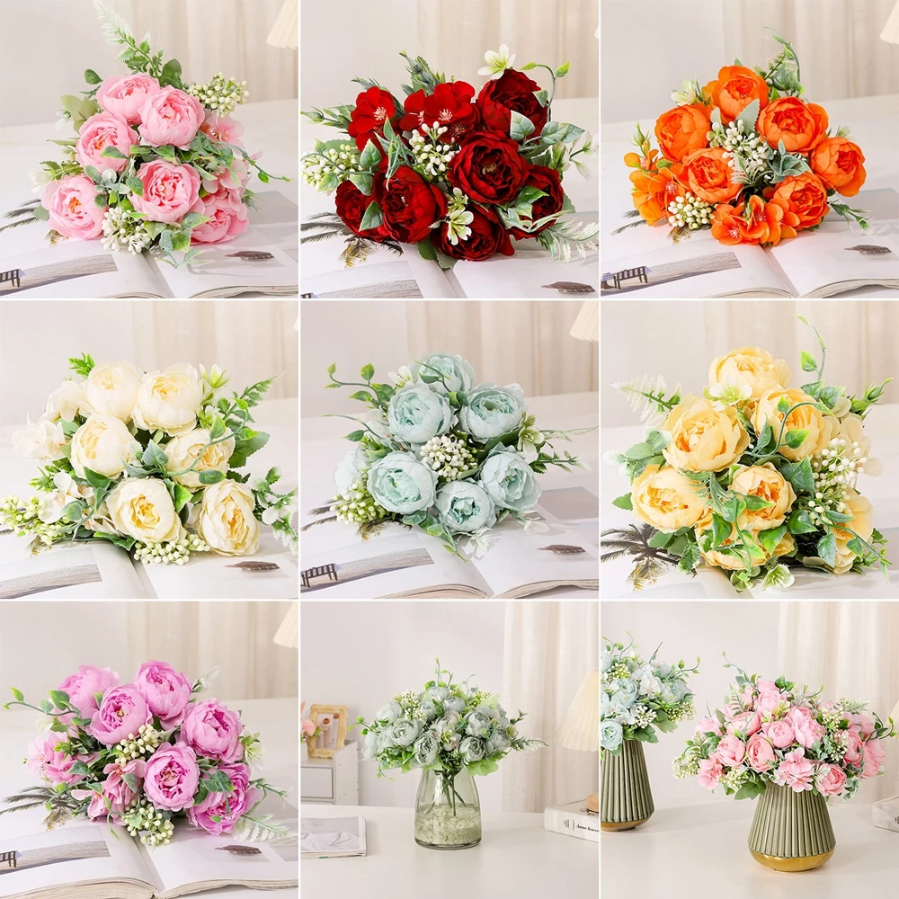 Silk Simulation Flowers Silver Snow Peony Bouquet Rose Plant Shopping Mall Decoration Artificial Orange Peonies Fake Flower