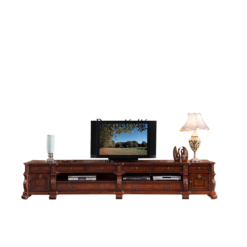 European solid wood carving flower TV cabinet storage living room TV cabinet