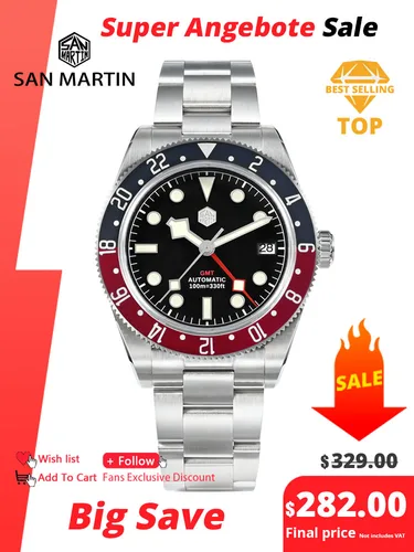 San Martin 39mm NH34 GMT reloj de lujo para hombre bisel de aluminio bidireccional zafiro mecánico automático 100M impermeable SN0109