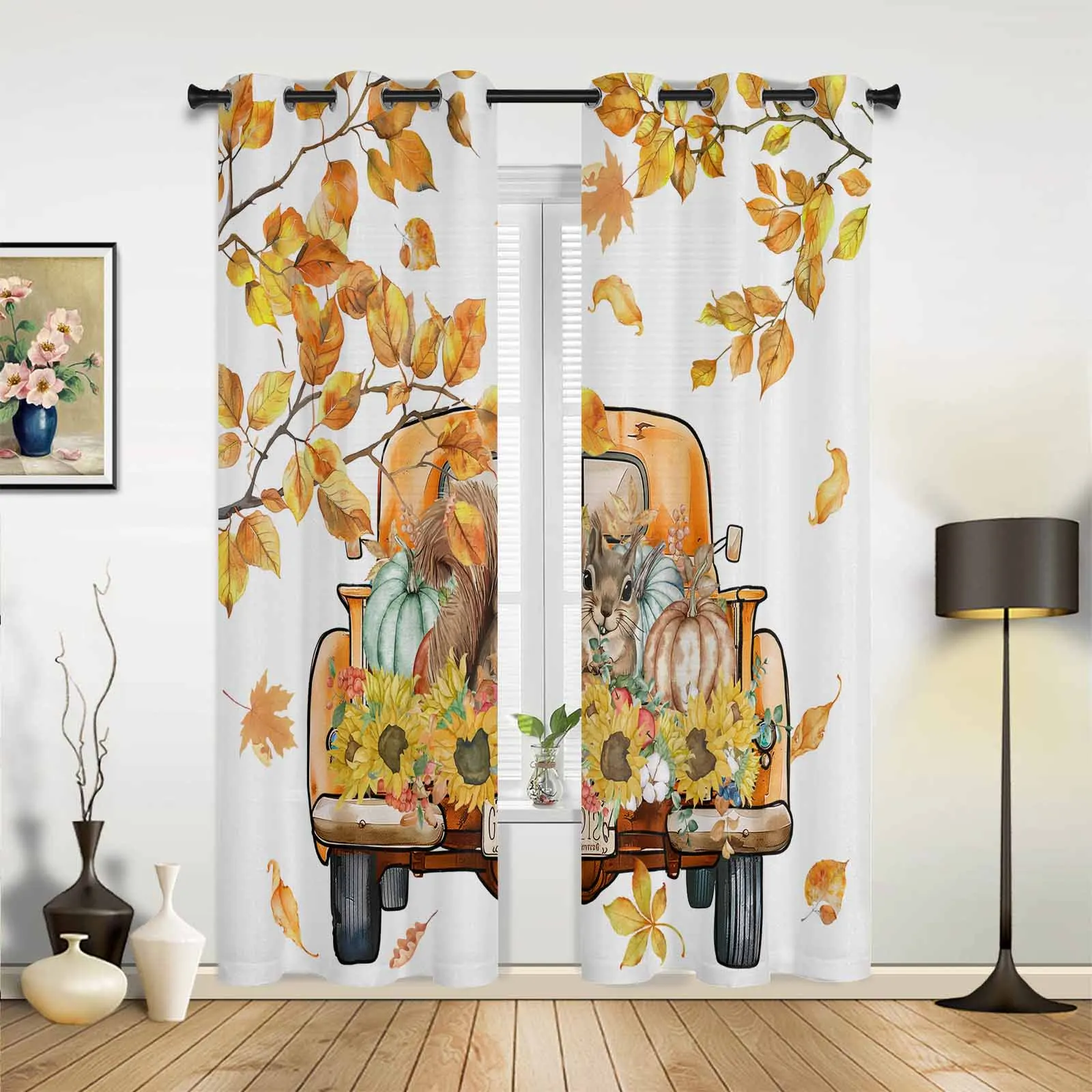 Autumn Pumpkin Truck Squirrel Sunflower Leaves Modern Panels Hall Curtains for Living Room Bedroom Window Curtains Hotel Drapes