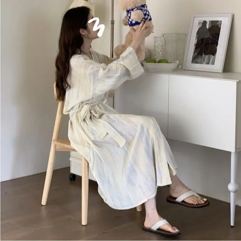 Mulheres impressas robe pijamas jovens meninas sexy solto roupão de manga comprida lazer wear quatro estações roupas para casa camisola nova