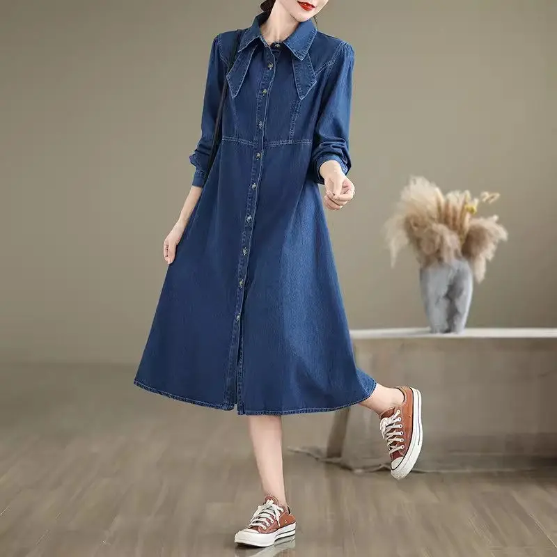 Vestido retrô de cowboy feminino, cintura alta, moda magro, lapela, peito único, jeans, novo design, outono, inverno, 2022, K2325