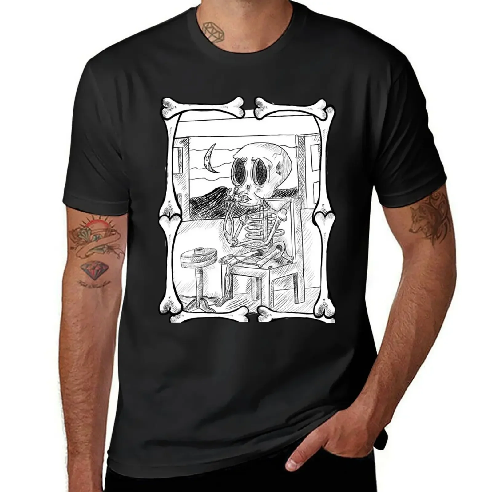 

chill skeleton by a window at night T-Shirt graphic t shirts plain boys animal print men workout shirt